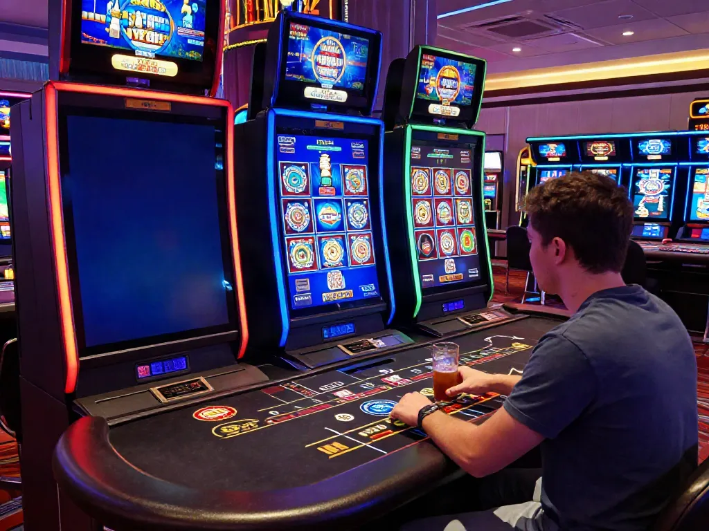 Engaging scene of online casinos that accept credit card, showing a player at a vibrant gaming setup with various slot games and a smartphone.