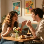 Couple sharing laughter over coffee, showcasing the charm of having a crush on someone special.