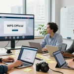 Collaboration at a modern office showcasing WPS Official Website on large screens.